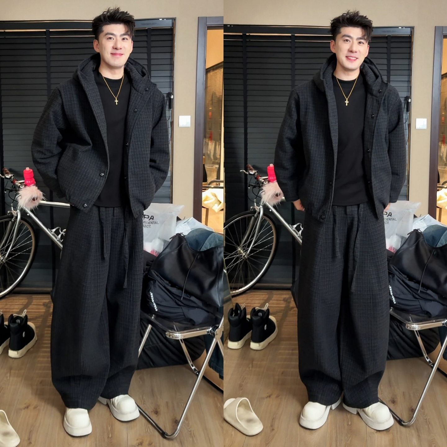 冬季新品格子夹克套装男