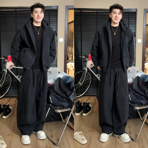 冬季新品格子夹克套装男美式复古宽松百搭连帽外套长裤小众高级感