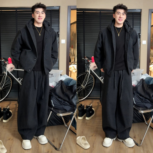 冬季新品格子夹克套装男