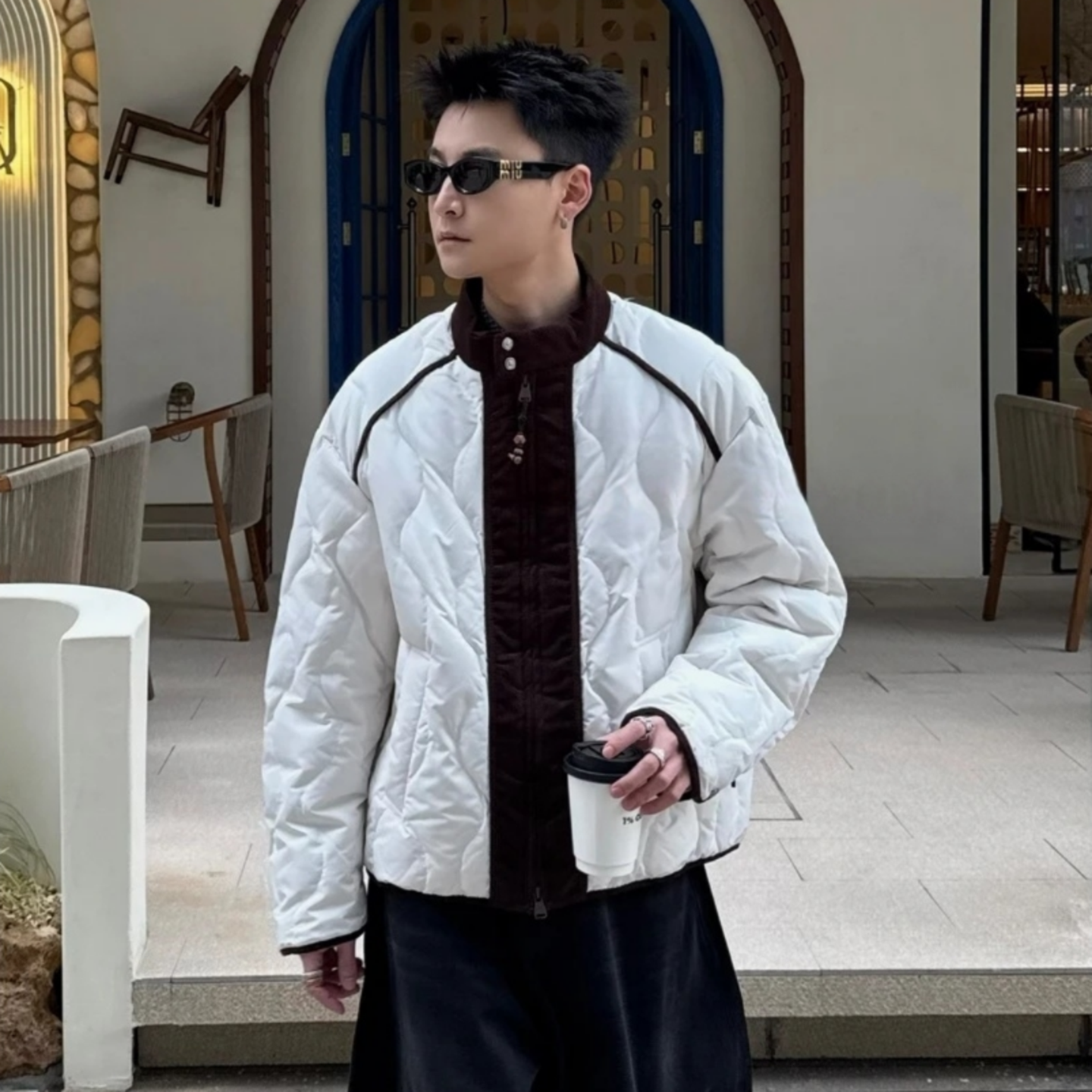 冬季拼接灯芯绒设计感轻量骨架式外套男士赛车领夹克棉服保暖上衣