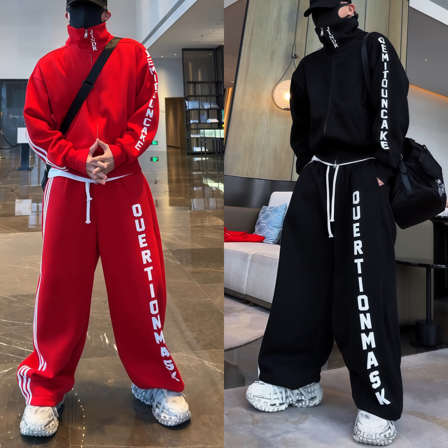 新年爆款男士加绒套装织带字母开衫外套宽松休闲裤松弛感运动穿搭