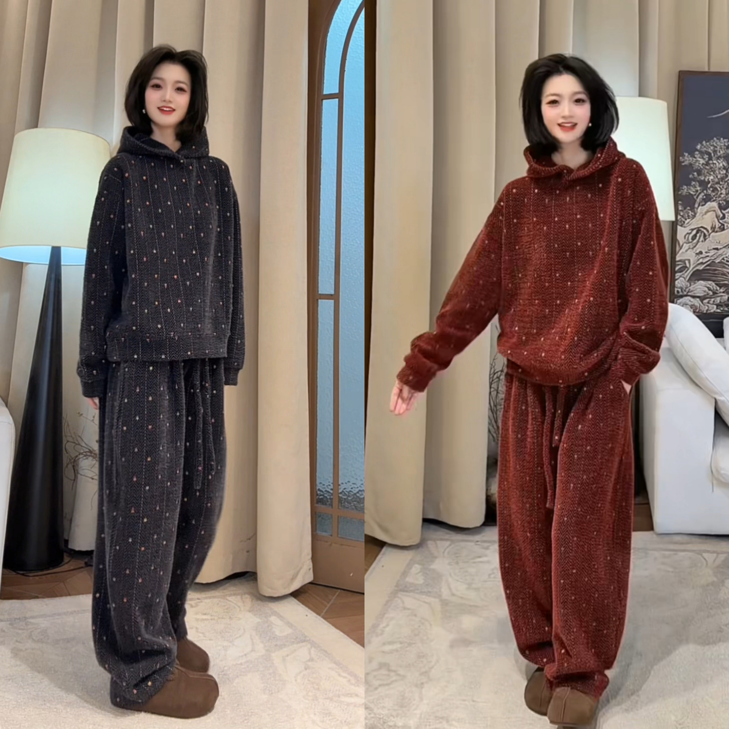 冬季慵懒风色织连帽卫衣套装男