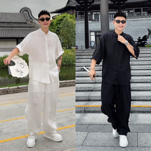 直播间同款夏季国风新中式套装薄款透气清凉短袖衬衫长裤男女同款
