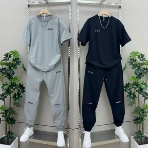 夏季男士新款冰丝速干网眼套装时尚圆领短袖休闲运动长裤时尚套装