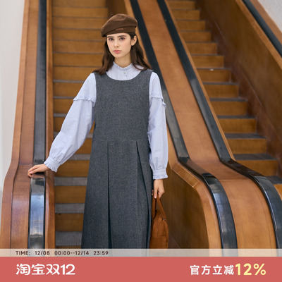 法式复古纯色背带连衣裙