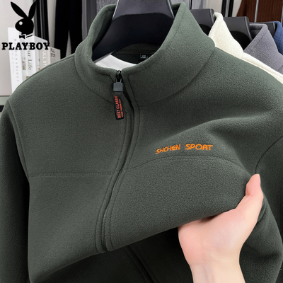 花花公子摇粒绒卫衣男冬季新款刺绣双面绒加厚奥粒绒开衫外套男士