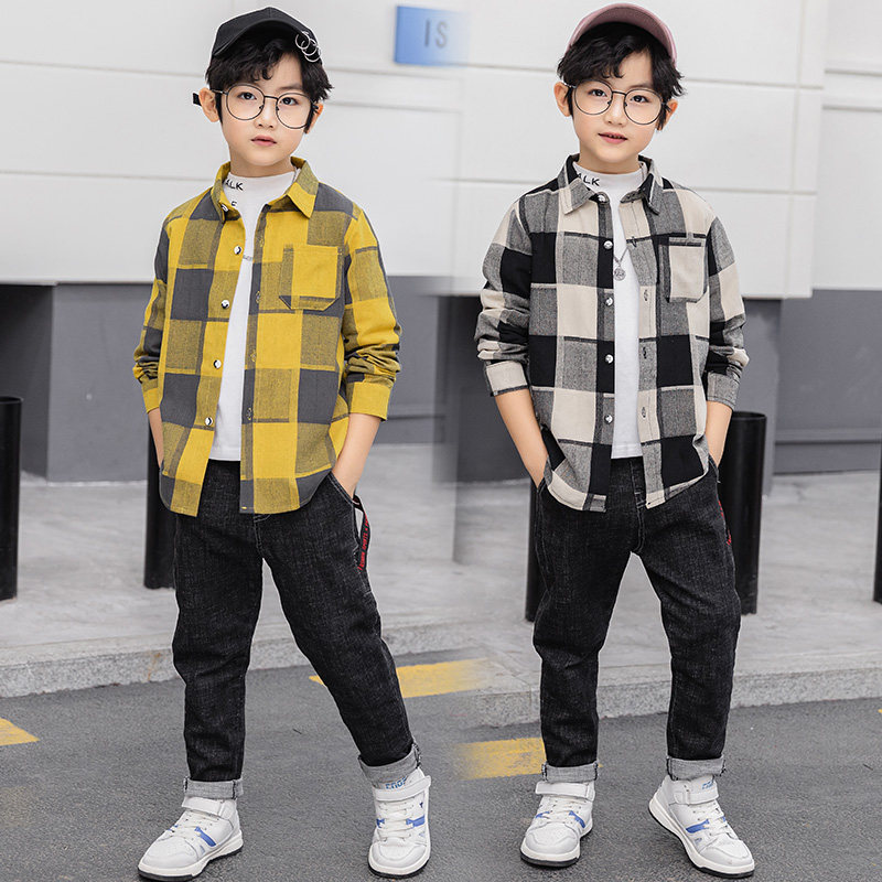 纯棉休闲春秋翻领尖角格子