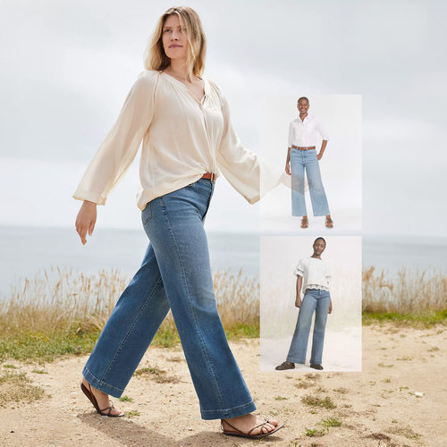 春夏百搭舒适微弹水洗高腰阔腿牛仔裤8分裤长裤 2色有大码