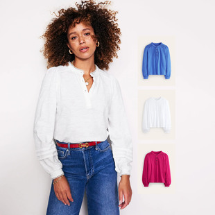 全棉质地风琴褶装 注解棉衬衫 上衣3色有大码 饰圆领灯笼袖