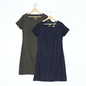 连衣裙 罗纹拼接简约纯色圆领短袖 舒适棉麻混纺梭织布 羽毛刺绣