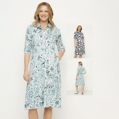 舒适透气夏季莫代尔棉衬衫款式中长翻领印花修身高腰连衣裙2色