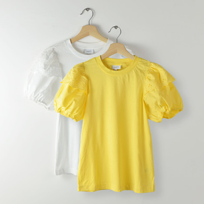 莫代尔棉质镂空刺绣梭织布袖子拼接 纯色圆领短袖泡泡袖T恤