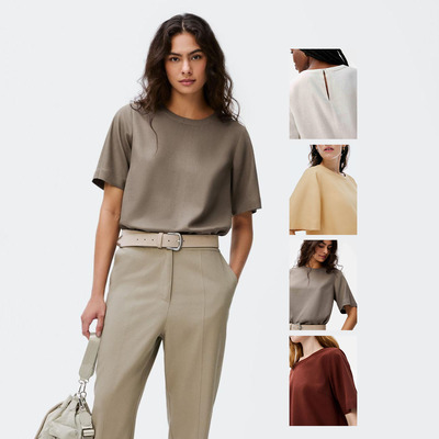 粘纤亚麻梭织布T恤纯色宽松直筒圆领颈后纽扣立体裁剪短袖上衣