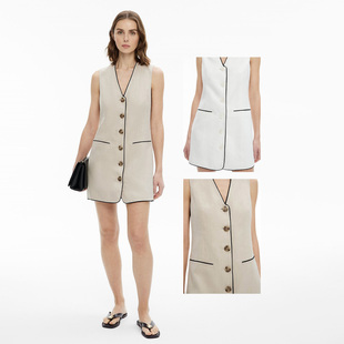 2色有大码 亚麻梭织布 连衣裙 马甲式 全衬里撞色滚边简约时尚 修身