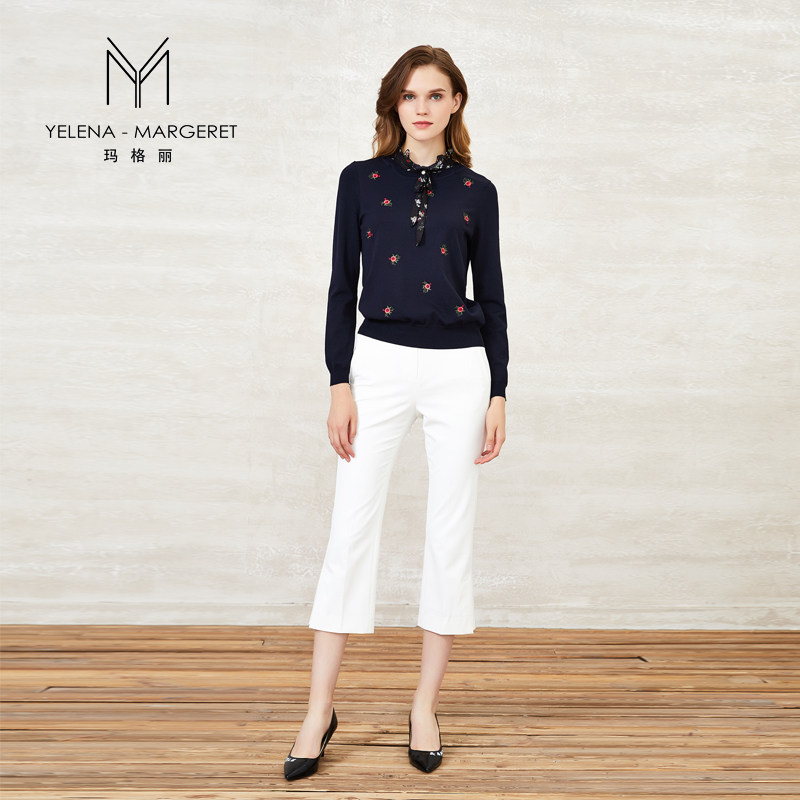 玛格丽女装2019年秋款宽松休闲图案荷叶领简约大气针织衫