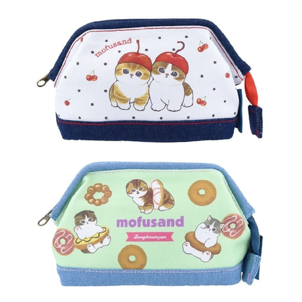 日系卡通可爱印花鲨鱼猫化妆包牛仔帆布收纳包学生文具袋手拿包