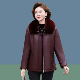 妈妈装冬季PU皮衣外套新款中老年女装加绒加厚保暖毛领皮夹克棉衣