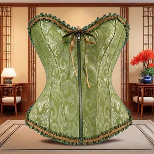 外穿简约木耳边宫廷塑身衣束腰收腹系带紧身鱼骨衣显瘦绿色COS