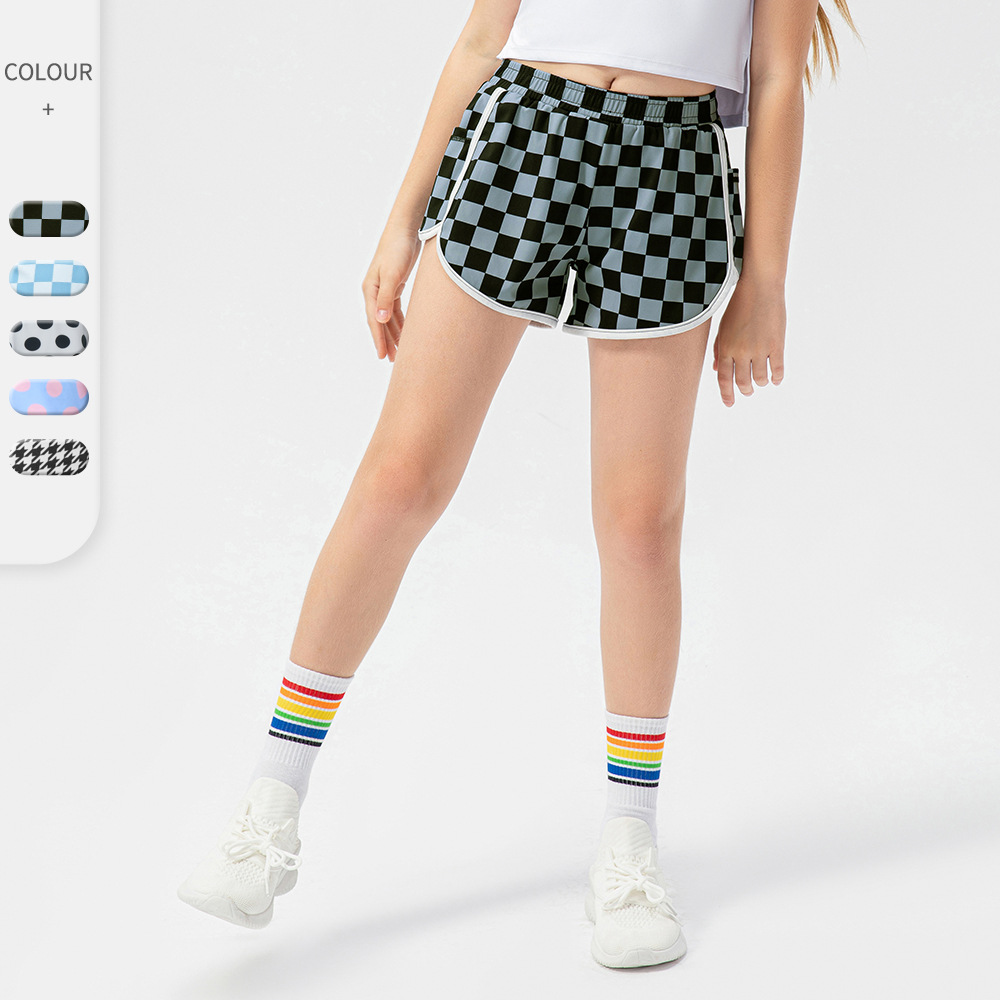 女童装棋盘格运动短裤锦纶亲肤宽松舞蹈跑步裤儿童瑜伽短裤跑步