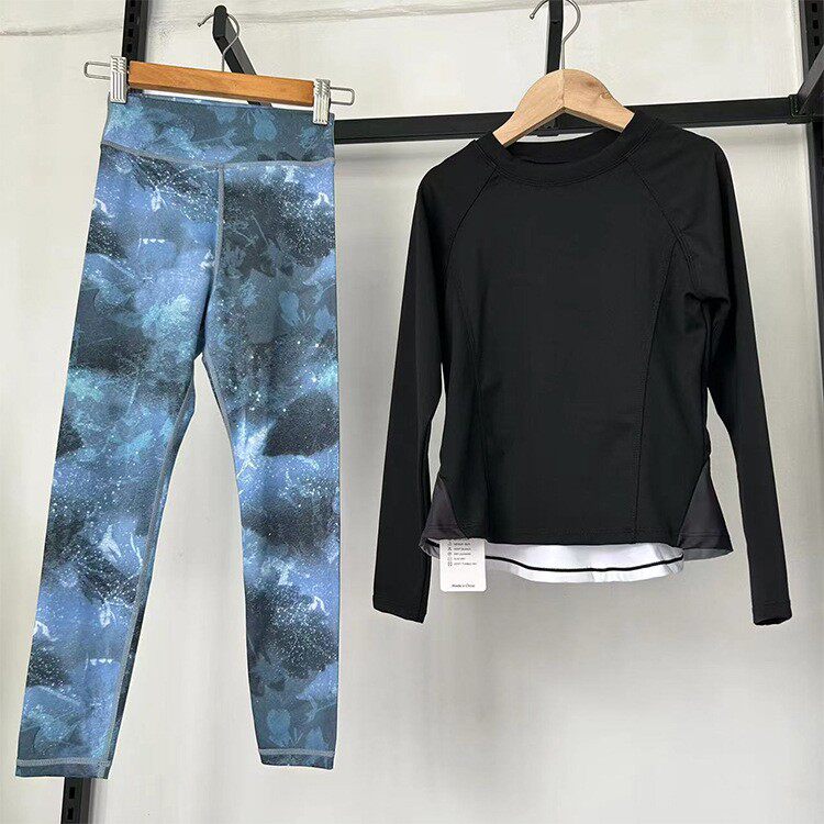 秋冬女孩儿童瑜伽服套装舒适长袖印花长裤紧身速干户外运动衣跑步