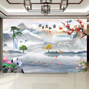 2026新款电视背景墙新中式山水画自粘贴画客厅沙发装饰画壁纸墙画