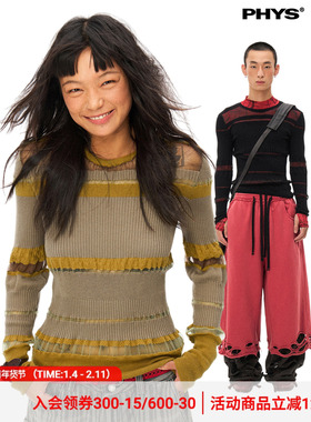 物理少年「纱罗织物」复古圆领合身欧根纱穿插拼接百搭打底衫毛衣