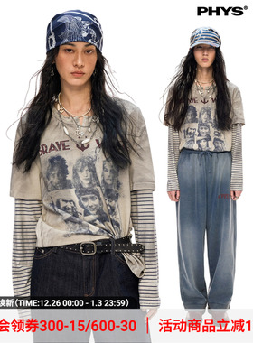 【线下同款】物理少年「叛逃水手」海盗印花条纹亨利领假两件T恤