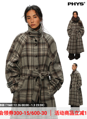 【线下同款】物理少年「城市霜降」羊毛复古格纹插肩方领毛呢大衣