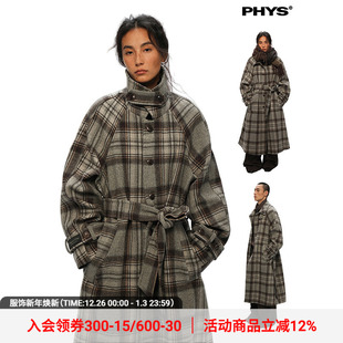 物理少年「城市霜降」羊毛复古格纹插肩方领毛呢大衣 线下同款