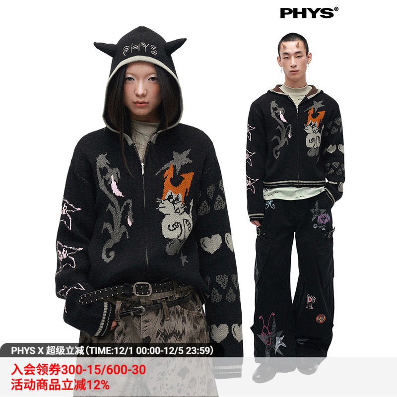 物理少年爱心怪猫毛织外套