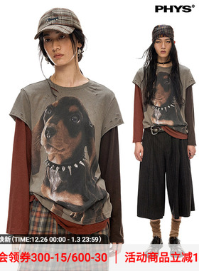 【线下同款】物理少年「朋克小狗」莱赛尔杰克印花假两件长袖T恤