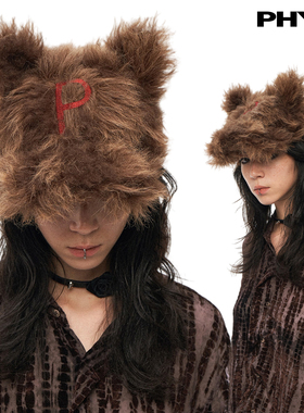 物理少年「蛰伏的熊」破坏毛绒蓬松柔软刺绣立体猫耳棒球小熊帽