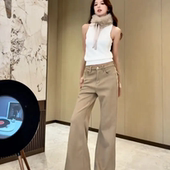 网红时尚 不贴腿高腰显瘦加绒喇叭拖地裤 卡其色微喇牛仔裤 女秋冬季