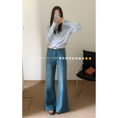 时尚 春季 韩版 四面弹不贴腿阔腿牛仔裤 小个子直筒喇叭裤 女新款