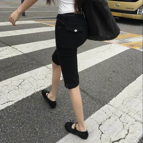 网红卡普里裤修身牛仔裤女裤脚开叉七分裤休闲弹力中裤夏季小个子