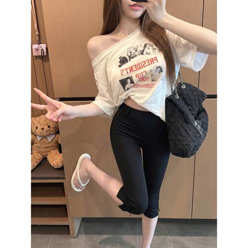 网红弹力紧身七分裤女夏季侧开叉休闲裤显瘦百搭中裤小脚裤子