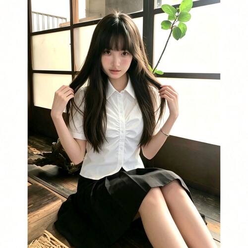 夏季白色褶皱泡泡袖短款衬衫女