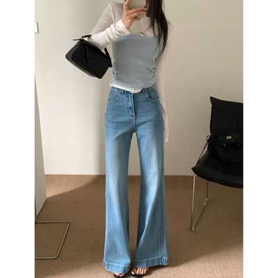 四面弹开叉喇叭裤女春新款高腰显瘦不贴腿微喇牛仔裤百搭设计感