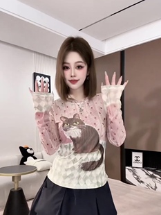高级感小猫粉色网纱T恤打底衫女春夏圆领长袖防晒上衣时尚修身潮