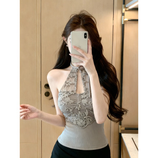 纯欲辣妹蕾丝挂脖吊带背心女内搭美背文胸一体带胸垫