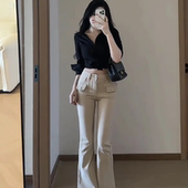 女秋季 新款 高腰修身 网红老钱风卡其色微喇牛仔裤 显瘦喇叭拖地长裤