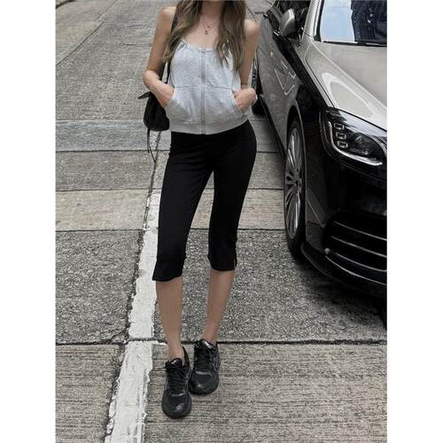 网红夏季卡普里裤弹力修身显瘦中裤女侧开叉七分裤黑色休闲裤子