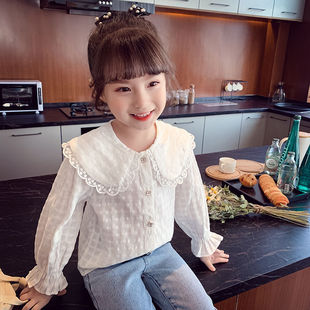 洋气宝宝衣服 女童秋季 衬衫 儿童打底衫 白色衬衣娃娃领甜美上衣时尚