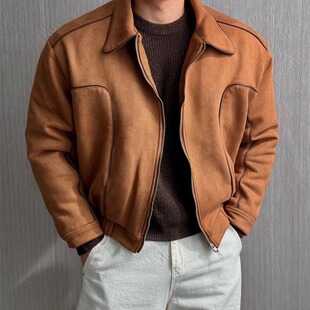 韩国东大门代购男女款宽松长袖夹棉麂皮绒夹克时尚设计感外套