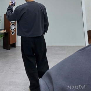 韩国男装 RAIZ秋设计师短款 cropped纯色打底宽松长袖 T恤TS4636 代购