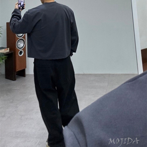 韩国男装代购RAIZ秋设计师短款cropped纯色打底宽松长袖T恤TS4636
