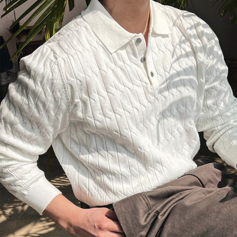 春秋新款韩国男装代购纯色麻花纹翻领套头宽松休闲针织衫男-CD529