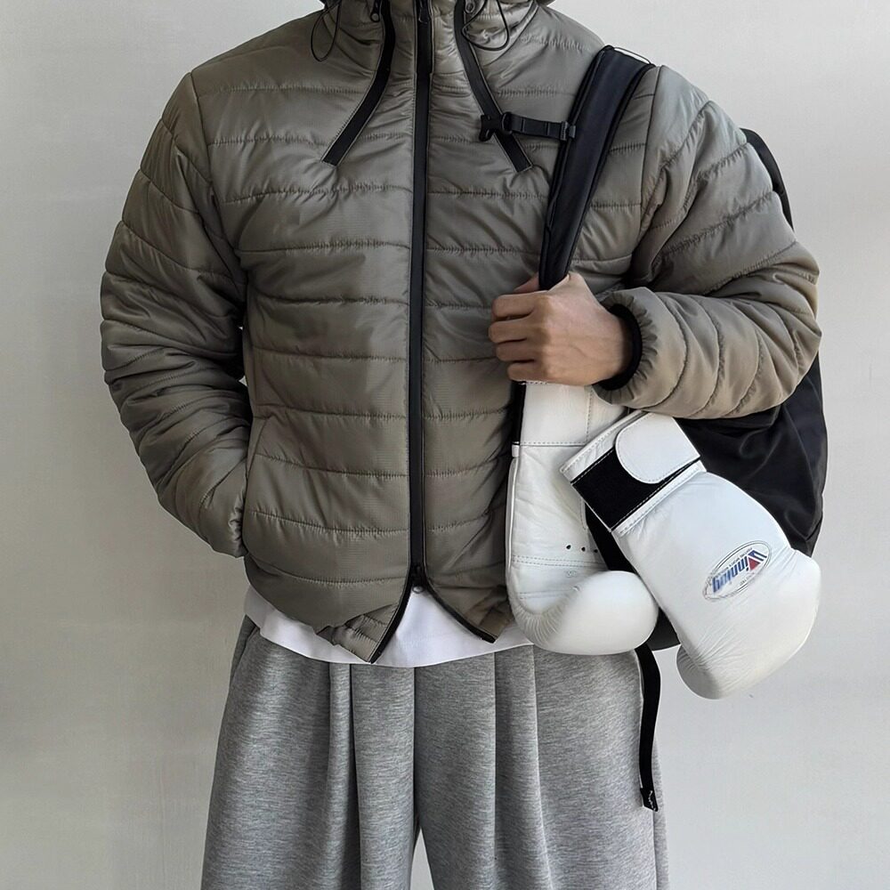 韩国男装代购格子暗纹光泽面料三拉链轻量连帽棉服夹克外套JK4566