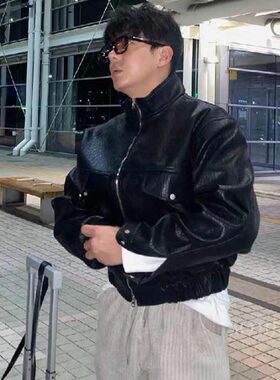 韩国男装代购高档PU皮立领超短款夹克纹理感机车风皮衣男女JK4397