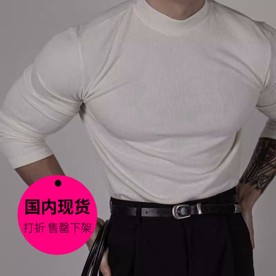 【特价现货】韩国东大门男装半高领长袖t恤修身弹力打底衫-TS3154